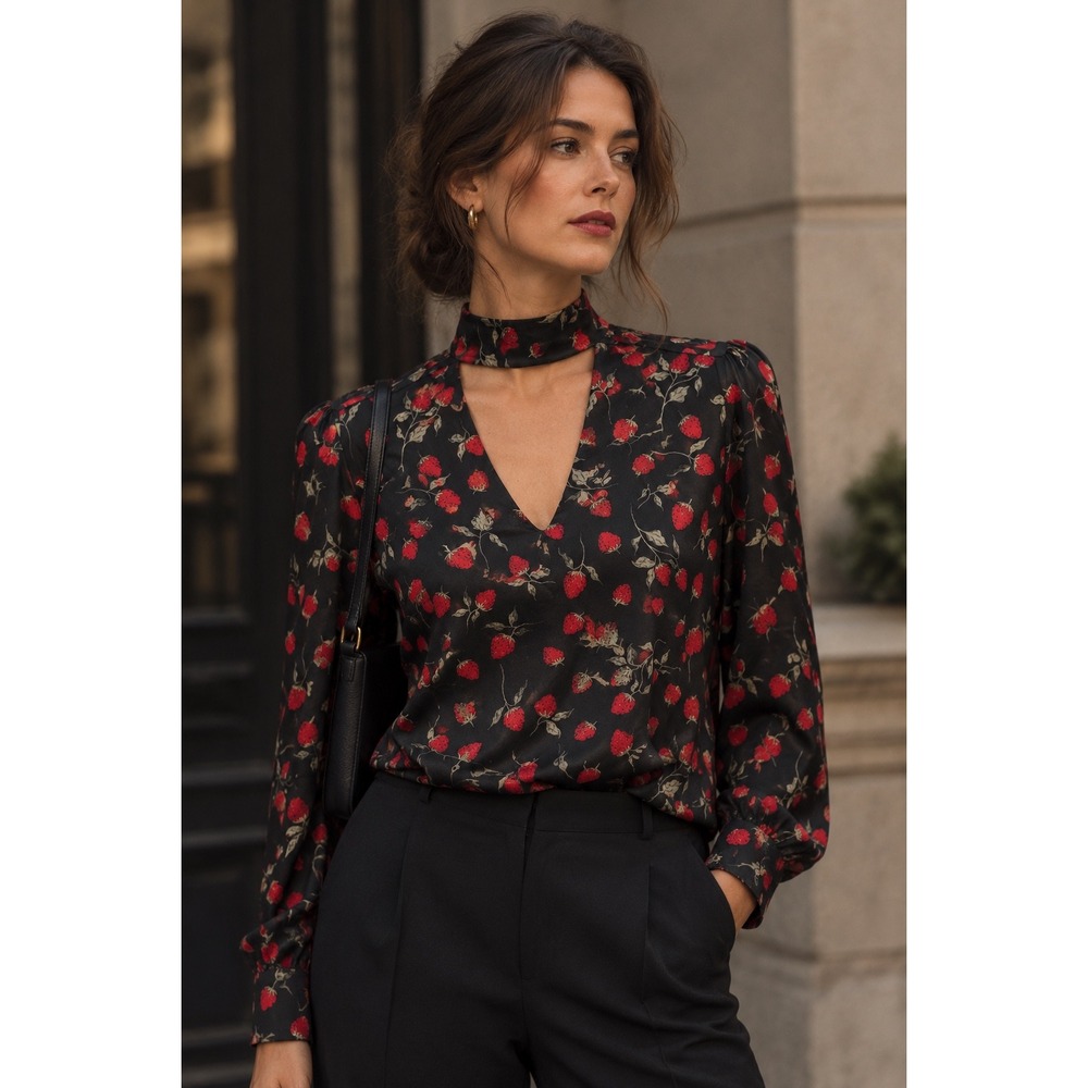 Juicy Couture Black Label Strawberry Print Choker Neck Tie Back Blouse - Size M